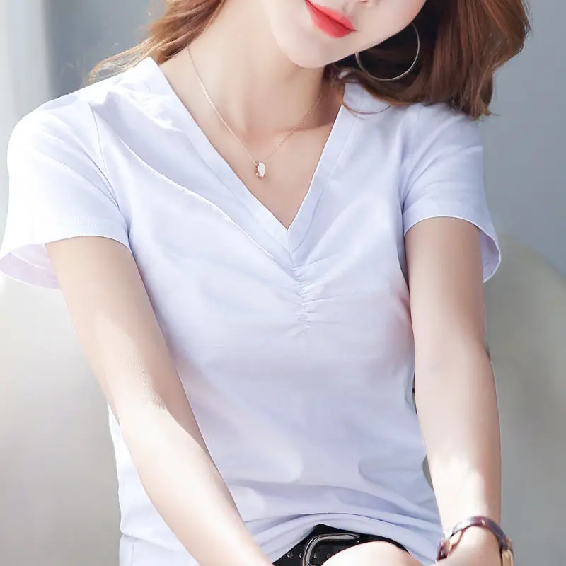 

Short-Sleeved T-shirt Women Summer New Pleated Korean-Style Plus Size Women Fashion Bottoming Shirt