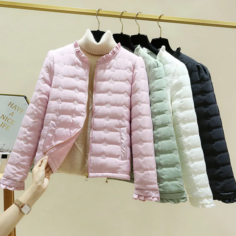 

Cute Floral Light Thin Warm Coat Ruffles Sweet Manteau Femme Hiver 2020 Abrigos Mujer Beading Zip up Slim Outwear Pockets 2XL