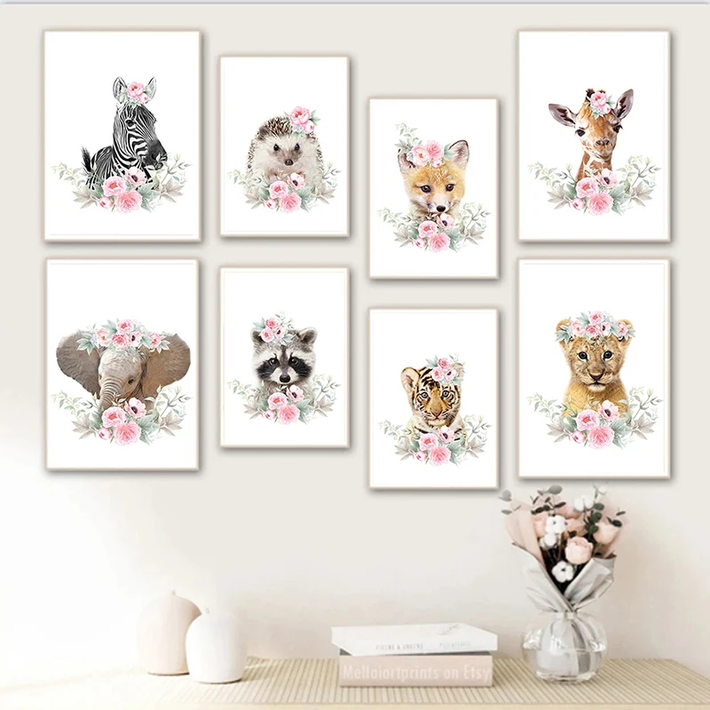 

Elephant Elk Canvas Kindergarten Wall Art Poster Printed with Pink Flower Animal Pictures Nordic Children Bedroom Decoration