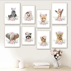 Слон Лось холст настенный постер для детского сада Печатный с розовыми цветами животные картины скандинавский декор для детской спальни