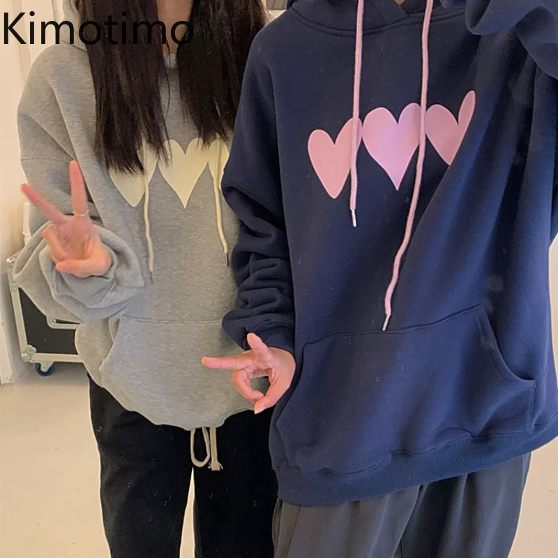 

Kimotimo Heart Hooded Sweatshirt Women Korean Chic Plus Velvet Loose Hoodies Autumn Winter Casual All-match Long Sleeve Pullover