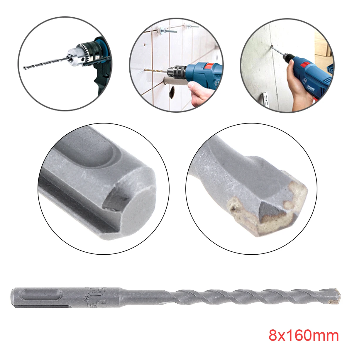 

8x160mm Twist Drill Bit Round Shank Rotary Hammer Concrete Masonry Drill Bit for Electric Drills / Drilling Machines / Wood Dril