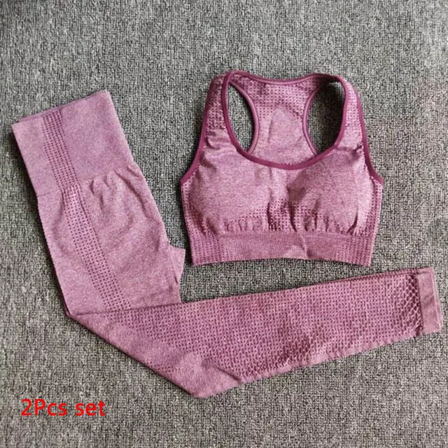 Purple Pink 2Pcs Set 2 шт. бесшовный Набор для йоги Женская одежда для фитнеса спортивная женская спортивная одежда леггинсы для спортзала+ мягкий пуш-ап спортивный бюстгальтер спортивные костюмы для бега - Цвет: Purple Pink 2Pcs Set