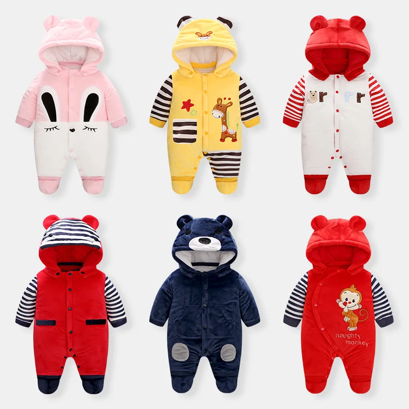 

Winter Newborn Baby Cartoons Climbing Clothes Baby Boys Warm Rompers Infant Hooded Onesies Baby Girls Outdoor Jumpsuit