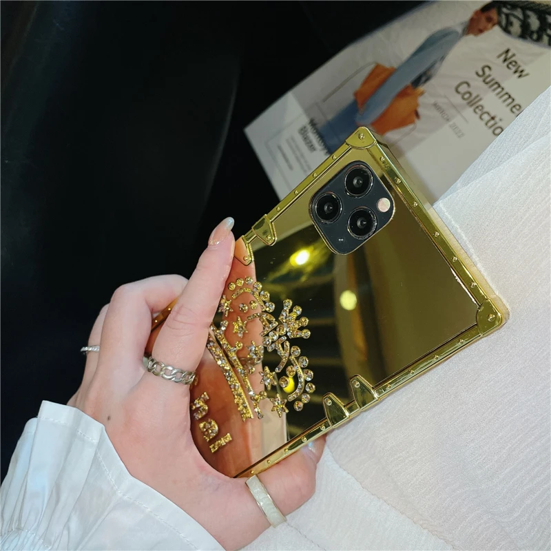 luxury golden square mirror phone case for iphone 12 13 11 pro xs max xr x 7 8 plus new hot crown fashion cover coque for women free global shipping
