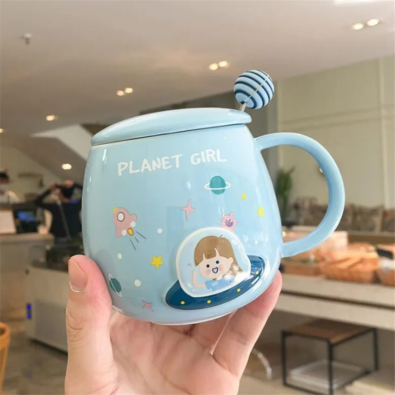 

Cartoon Happy Planet Creative Ceramic Oat Beverages Cup Cute Home Office Coffee Mug With Lid Breakfast Milk Cup Birthday Gifts