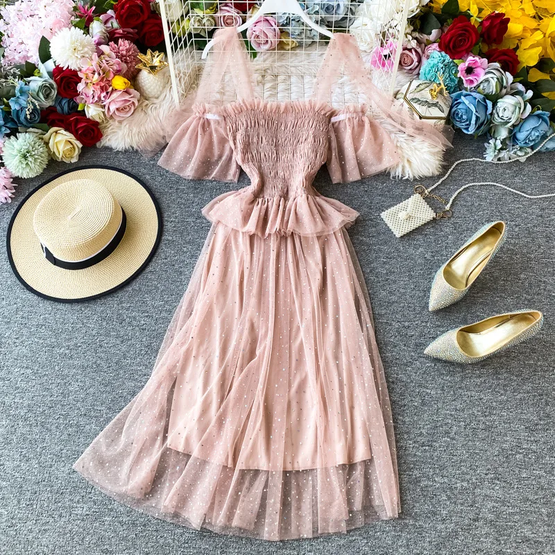 

Women's 2021 New Spring Summer Chic Casual Lace Dress Spaghetii Strap Slash Neck Solid High Waist Sequins Ladies Dress