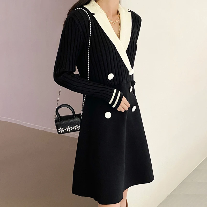 

GALCAUR Preppy Style Knitting Dress For Women Lapel Long Sleeve High Waist Ruched Oversized Korean Mini Dresses Female 2020 Tide