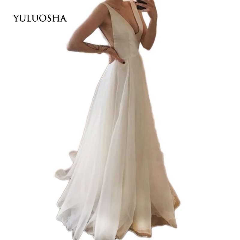 YULUOSHA длинное платье вечернее 2020 сексуальное с v образным вырезом без рукавов
