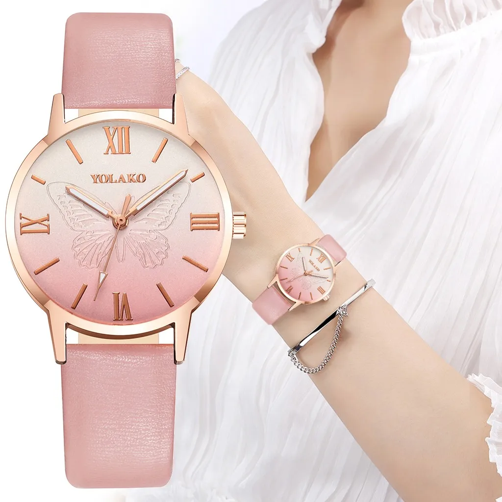 Модные женские часы с градиентом кварцевые на каждый день бабочками Круглый