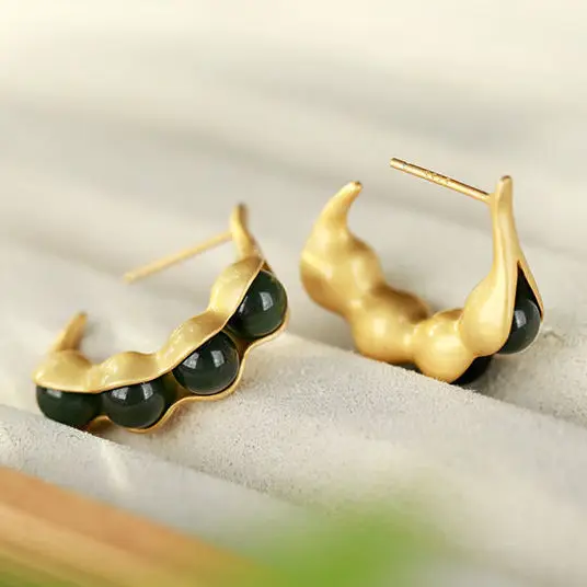 

Hetian Jade Retro Hong Kong Style Earrings Women's Elegant Lentil All-Match Earrings Cold Style High-Grade Sterling Silver Gold-