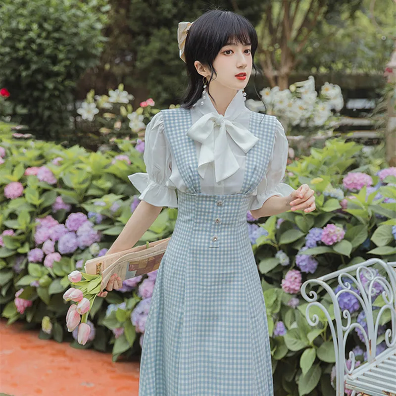

French Literary Retro Skirt Suit Bowknot Cute Shirt + Plaid Long Skirt Female Strap Skirt Two Piece Set Women