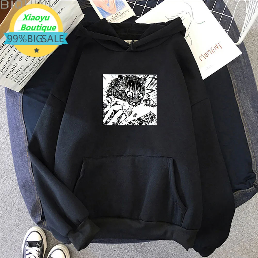 

Horror Cat Ulzzang Sweatshirts Hot Anime Cartoon Female Pullover Junji Ito Graphic Hooded Clothes 2021 New Hip Hop Women Hoodies