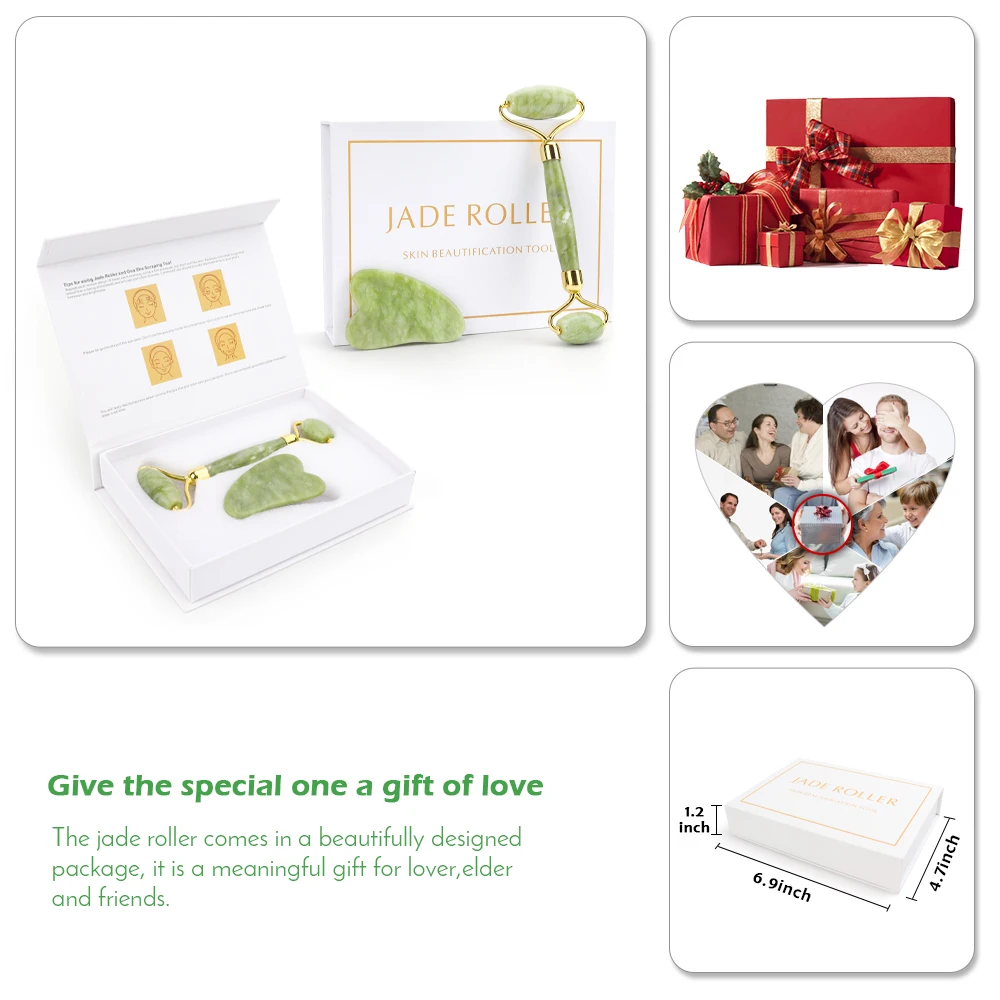 

Natural Jade Roller Thin Face Massager Lifting Tools Slim Facial Gua Sha Green Stone Anti-aging Wrinkle Skin Beauty Care Set Box