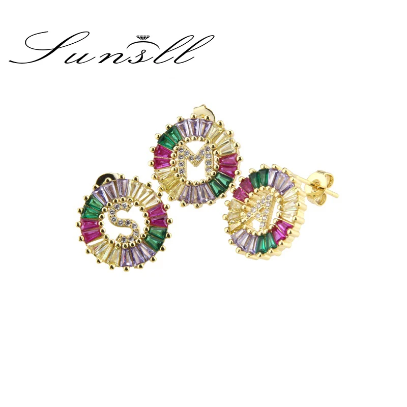 

SUNSLL Hot Sale Gold Multicolor CZ Necklace Charm A-Z 26 Letter Stud Earrings Name Jewelry for Women Accessories Birthday Gifts