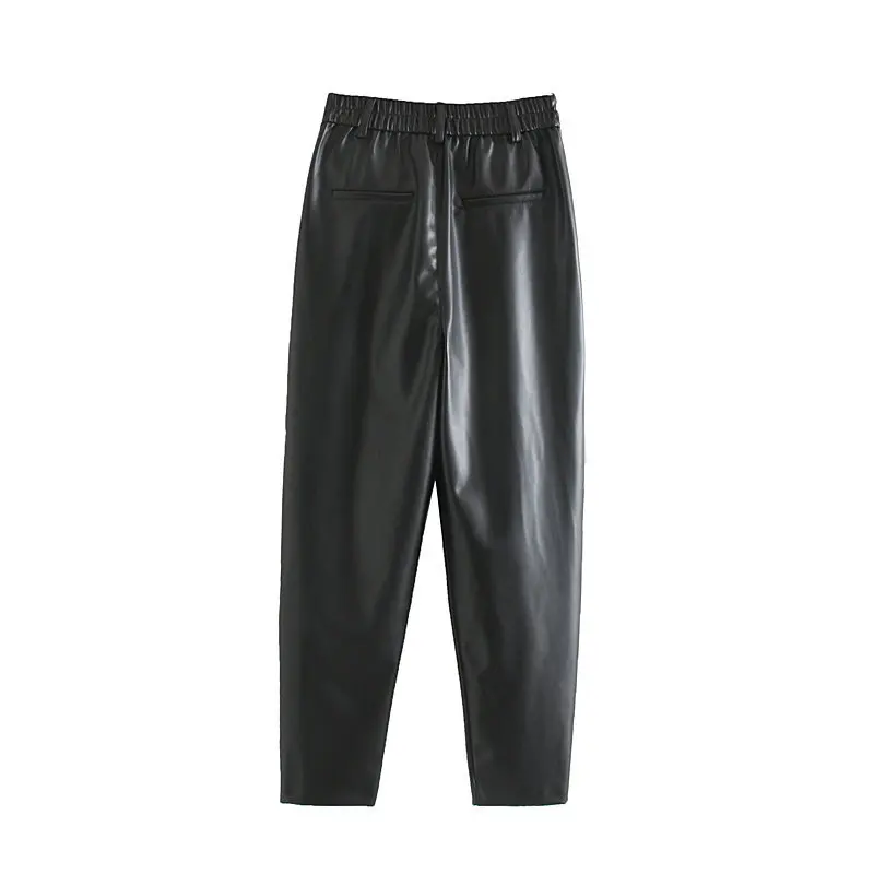 

Pleated Elastic Waist Loose Bottoms Baggy Long Length Trousers Lady Pantalon Women Fashion PU Leather Black Color Harem Pants