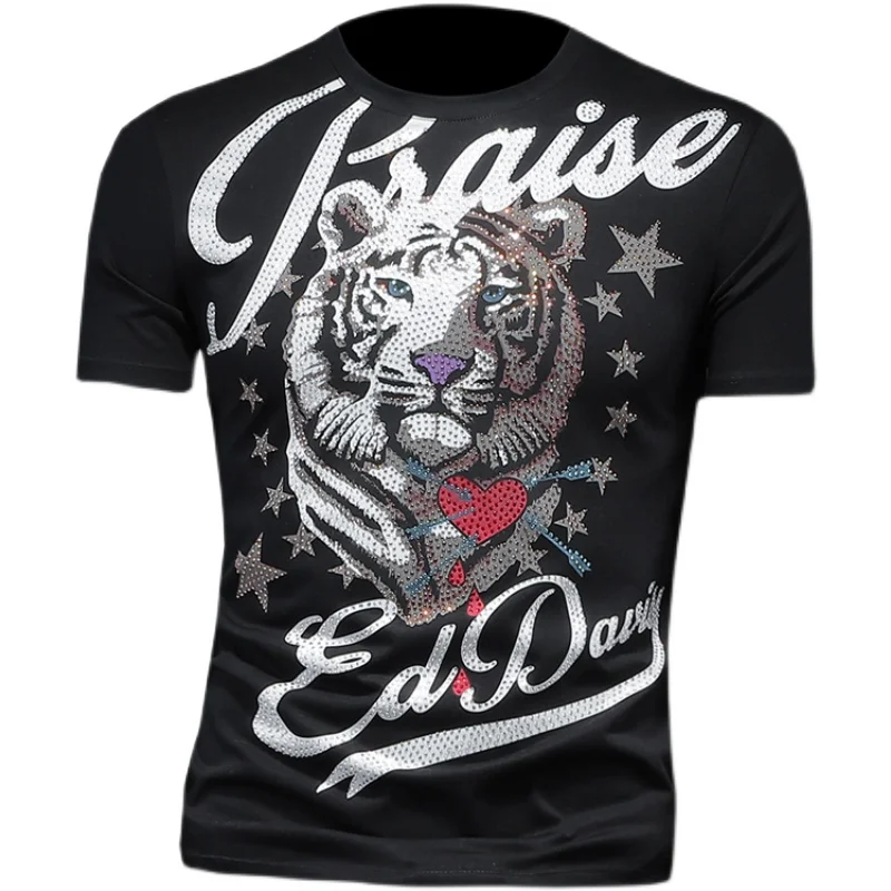 

T Tiger Rhinestone Shirt Men 2121 Summer Short Sleeve Casual T-Shirt Summer O-neck Tops Tees Streetwear Clothes Plus Size 4XL