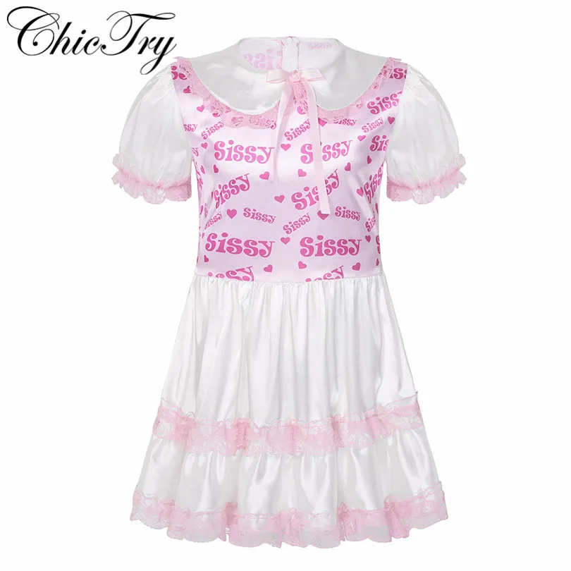 

Mens Sissy Silky Satin Doll Collar Short Puff Sleeves Printed Bodice Lace Trimmed Ruffled Dress Adult Baby Cross Dresser Costume