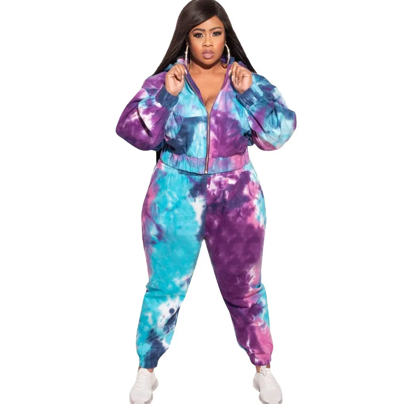 

Autumn Winter New Women's Tie-Dye Loose Fashion Casual Two Piece Set Zipper Long Sleeve Coat And Pants Boubou Tracksuit Outfits