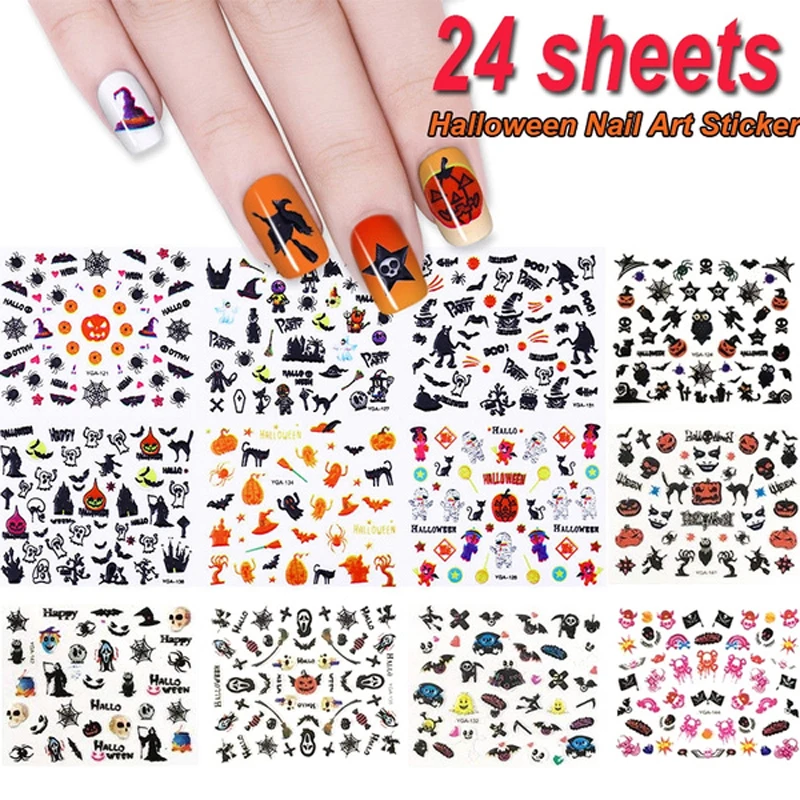 

Nail stickers Halloween 24pcs Halloween Designs Nail Art Sticker Mix Pumpkin Ghost Devil Skull Self Adhesive 3D Slider