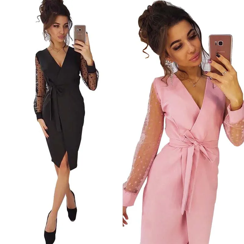 

Women Knee Length Dress Elegant V-neck Mesh Sheer Long Sleeve Slim Ladies Dresses with Belt Vestidos Plus Size Office Clothes