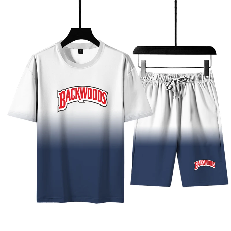 

Men's suit color matching backwoods digital printing summer thin T-shirt sports men's fashion leisure outdoor sports suit