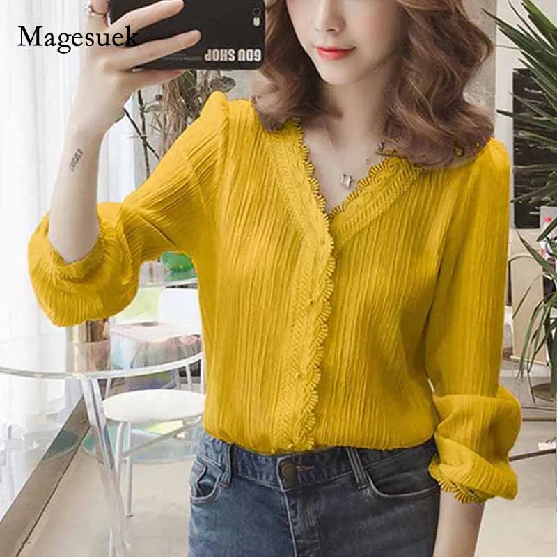 

2021 Autumn Striped Lace Tops Cardigan Plus Size White Yellow Shirt V-Neck Long Puff Sleeve Solid Women's Blouse Blusas 11087