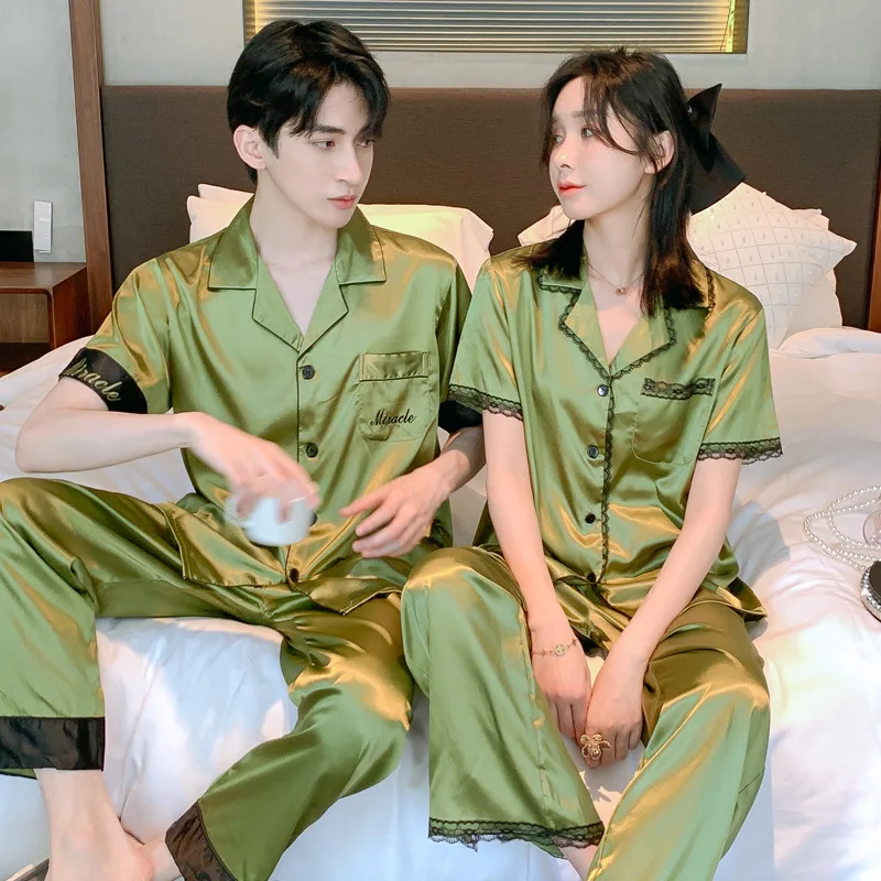 Short Sleeve Trouser Pure Color or Printed Flower Pajama Set Men Thin Silk Sleepwear Set Satin Lounge Wear Couple Snight Pijamas