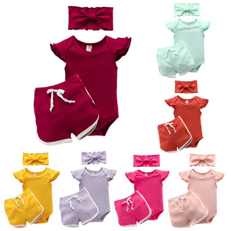 

New Baby Summer Clothing 3PCS Newborn Toddler Baby Girl Clothes T-shirt Top Pants Shorts Headband Ribbed Solid Outfit 0-24M
