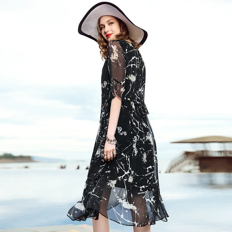 100% Настоящее шелковое платье женское летнее пляжное миди с цветочным принтом