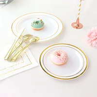 10pcs disposable dinner plate wedding party tableware disposable transparent cup plastic dinner plate gold cutlery party tool