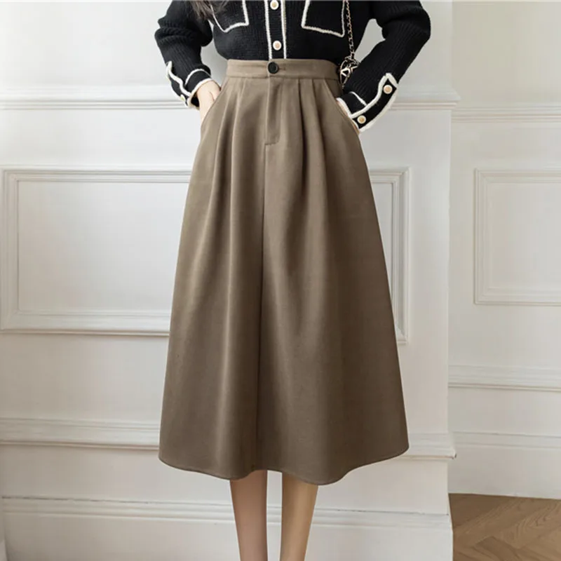 

New Arrival Black Elegant Woolen Skirt For Women 2021 High Waist A-Line Pocket Thick Warm Midi Winter Skirts Femme