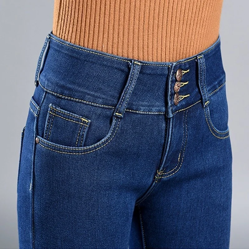 

MIND FEET Women Velvet Jeans Stretch Slim Multi-size Solid Jeans Female Pencil Skinny Jeans Warm Trousers Thickening Denim Pants