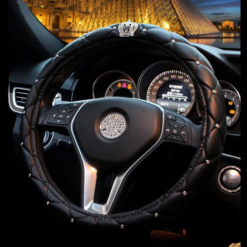 Универсальный чехол для рулевого колеса автомобиля Bling из искусственной кожи, со стразами и кристаллами, украшение для салона автомобиля с кристаллами, аксессуары черного цвета