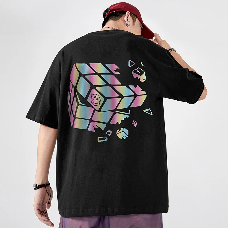 

Футболка мужская Светоотражающая в стиле хип-хоп с полурукавами и радужным чудом