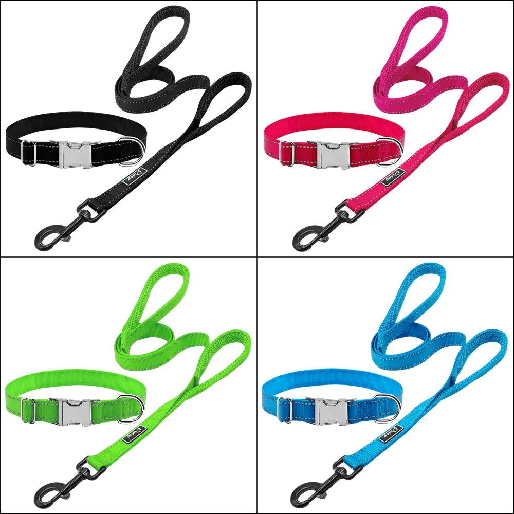 

Gepersonaliseerde Halsband En Riem Set Reflecterende Nylon Pet Halsbanden Lead Leash Gegraveerd Id Tag Voor Kleine Grote Honden