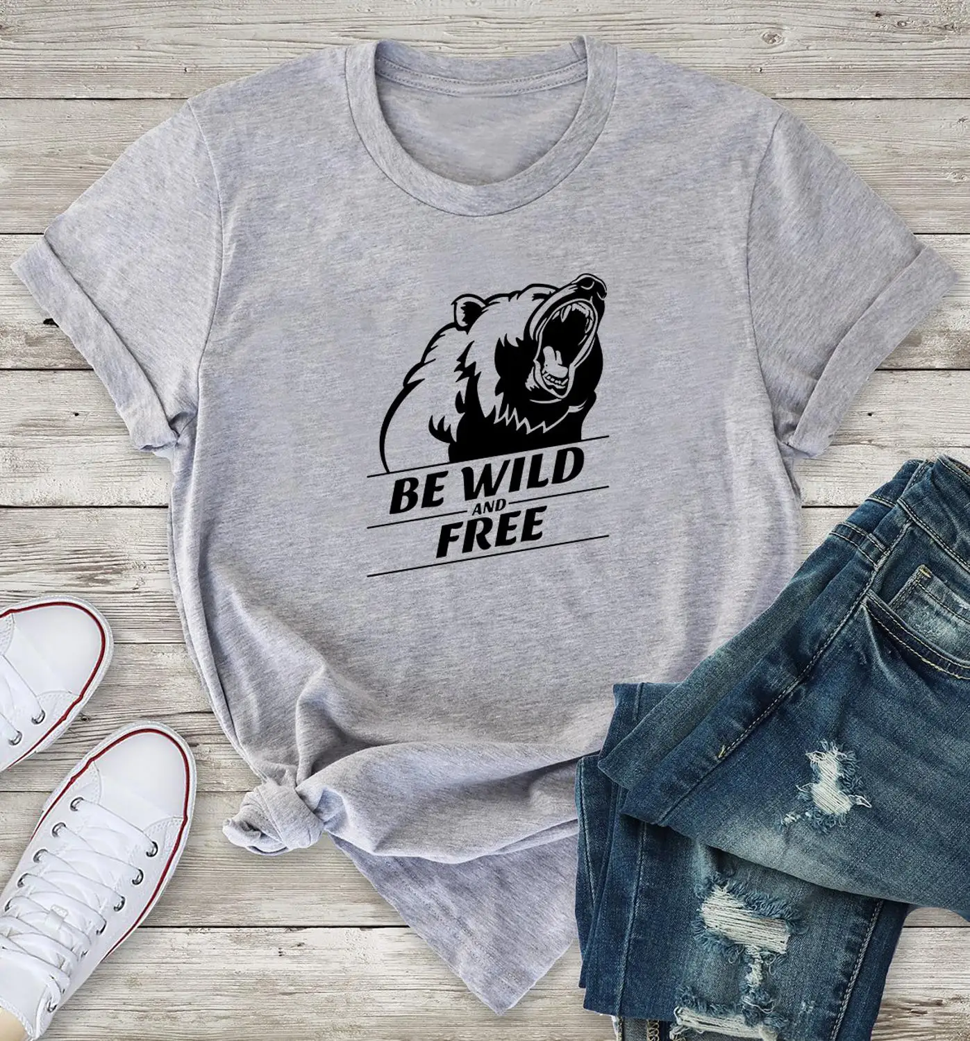 Футболка bear be wild and free забавная Женская футболка из 100% хлопка tumblr хипстерская