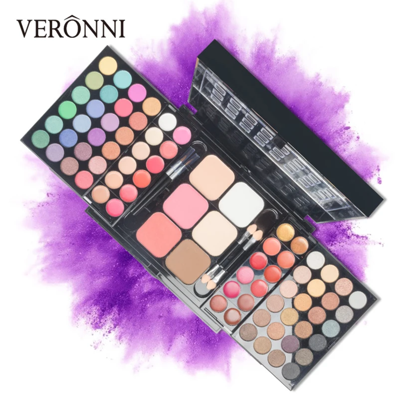 VERONNI Fashion 78 цветов, палитра теней для век, набор 48 теней для век+ 18 блесков для губ+ 2 Румяна+ 2 контура+ 7 консилеров, набор косметики