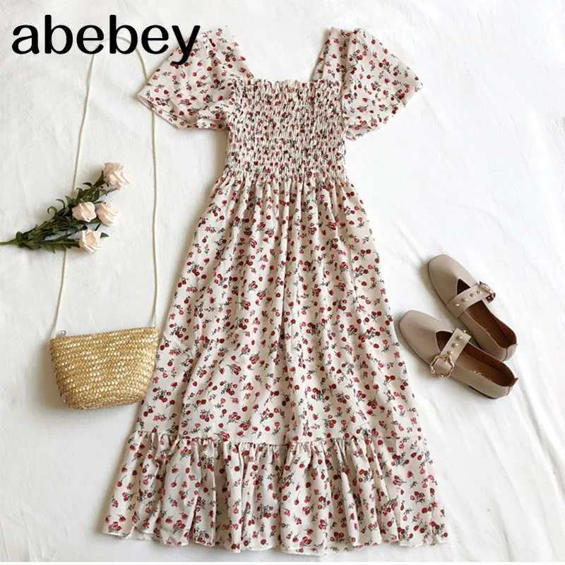 Floral Dress Boho Puff Sleeve Square Neck Women Vintage Summer Beach Dresses 2020 Korean Kawaii Ruffle Clothes Vestidos | Женская одежда