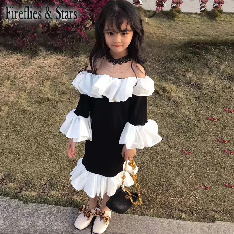 

Summer girls dress Baby hip dress kids vestidos children streetwear clothes ruffle neck sleeve shoulderless fishtail 1 to 9 yrs