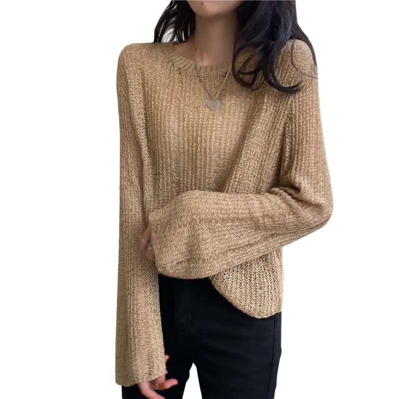 

Женский вязаный свитер из ледяного шелка, пуловер, женская Свободная верхняя одежда в ленивом стиле, тонкий свитер с длинным рукавом на весн...