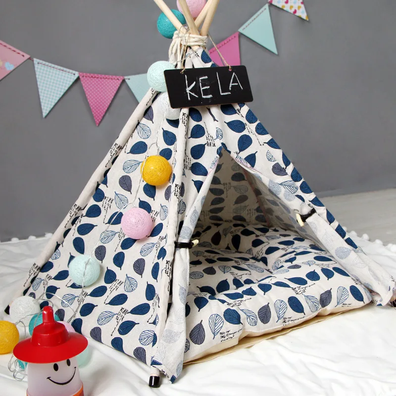 2020 New Blue Leave Pattern Foldable Pet Tent For Dog Cats Small Animals Supplies Thicks Mats Houses Teepee Dec | Дом и сад