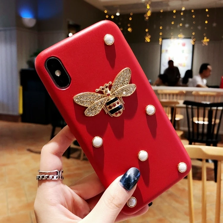 Роскошный кожаный мягкий чехол для телефона для iphone 7 чехол 3D мода алмаз пчела жемчуг Классический чехол для iphone 6 6s 7 8 plus X XR XS Max