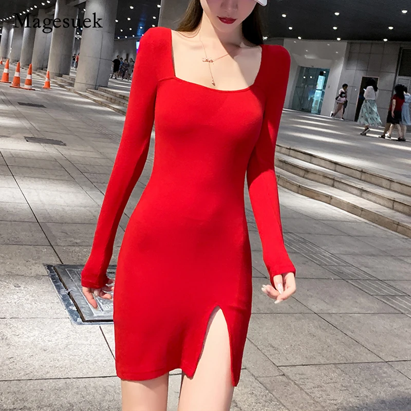 

Sexy Solid Cotton Skinny Dress Elegant Hip Skirt 2021 New Autumn Winter Fashion Dress Square Collar Slim Dress Vestidos 17408