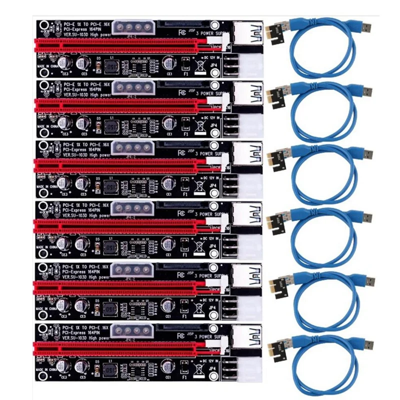 

Плата расширения VER103D PCI-E 3 в 1 со светодиодной подсветкой, 4-контактный светодиодный pin Sata 15Pin PCIE 1X до 16X 60 см Удлинительный кабель для майнинга ...