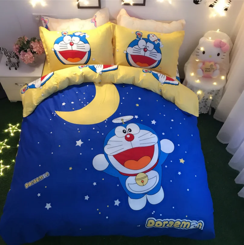 

4pcs Bedding Set Cute Blue Doraemon Cartoon Printed Cotton King Queen Size Children Bedroom Set Sheet Duvet Cover Kawaii Bedding