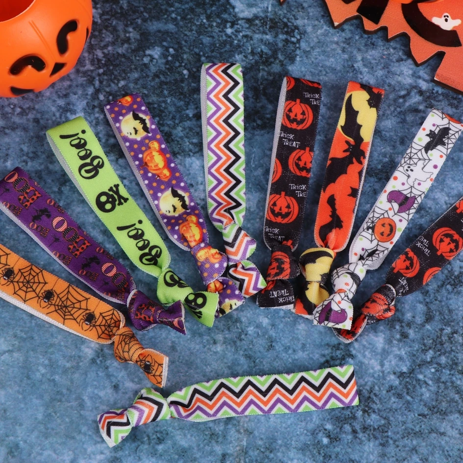 

32 Pcs/Set Halloween Ribbon Hair Ties Halloween Bats Spiders Web Pattern Pumpkin Headband Party Decoration Gift