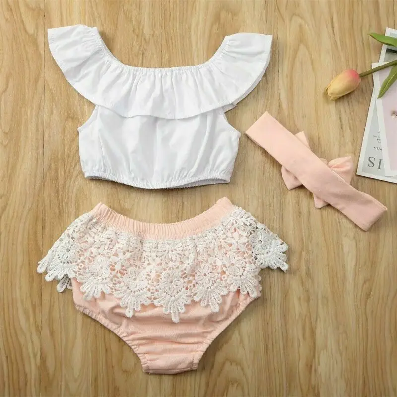Комплект одежды Emmababy для новорожденных девочек летний костюм футболка кружевные - Фото №1
