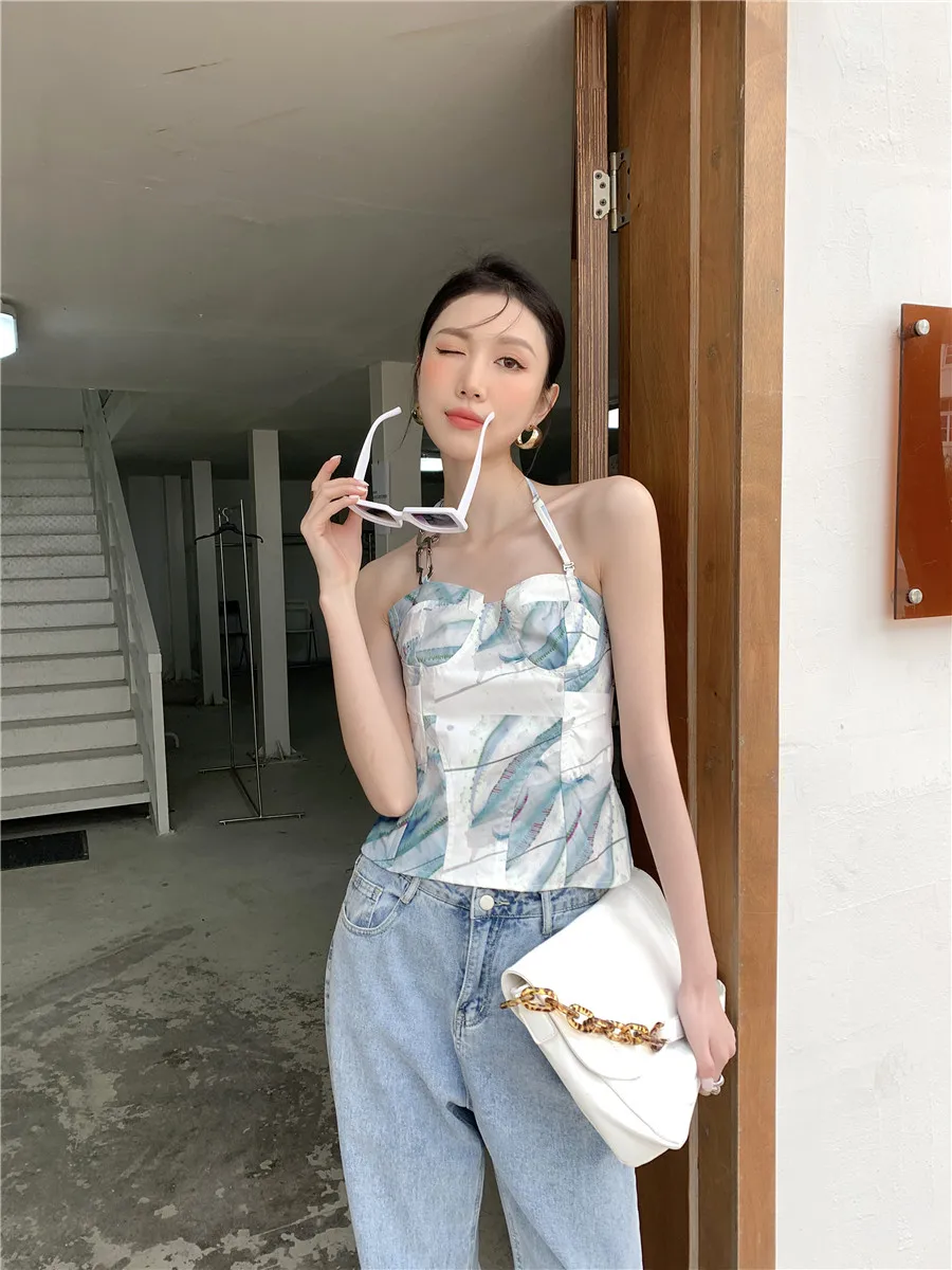 

ZCSMLL Sleeveless Women Tops Printing Design All-match Slim Metal Stitching Sling Corset Crop Tops 2021 Spring Summer