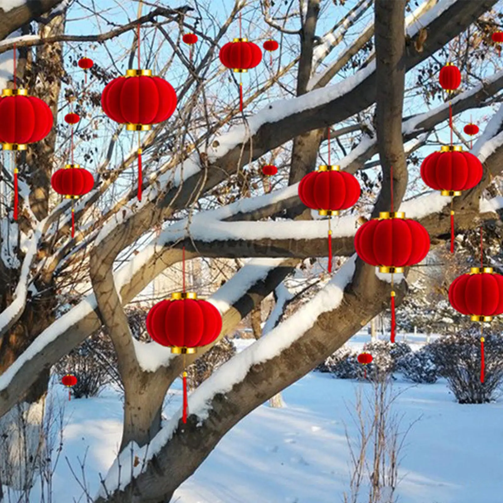 

Behogar 16pcs Chinese Style Flocking Red Small Lanterns for Chinese New Year Spring Festival Patio Garden Home Party Decoration